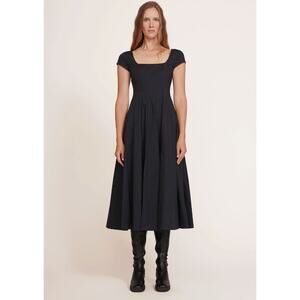 NWT STAUD Black Short Sleeve Wells Pleated Midi Cotton Poplin Dress 14 NEW $285